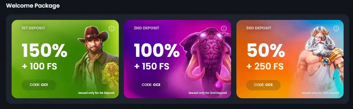 Crownz Casino — 1st: 150% up to £850 + 100 FS; 2nd: 100% up to £1,300 + 150 FS; 3rd: 50% up to £2,100 + 250 FS