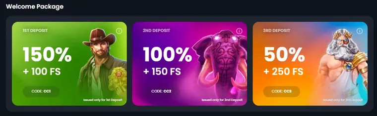 Crownz Casino — 1st: 150% up to €1,000 + 100 FS; 2nd: 100% up to €1,500 + 150 FS; 3rd: 50% up to €2,500 + 250 FS